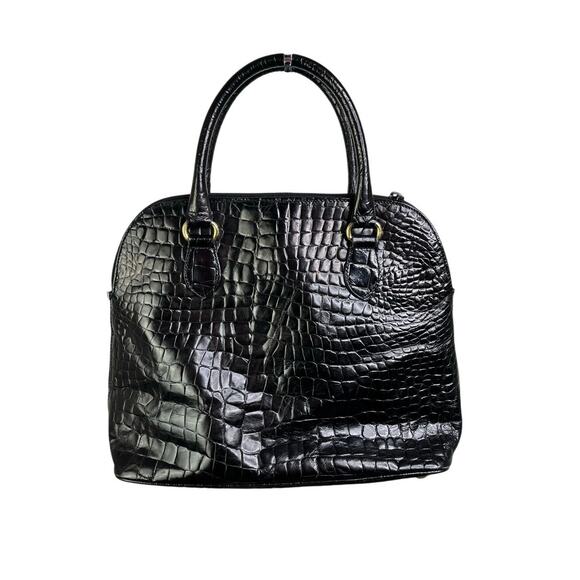 Talbots Handbag Womens Black Faux Crocodile Skin Gold Trim Old Money Classic - Picture 1 of 8